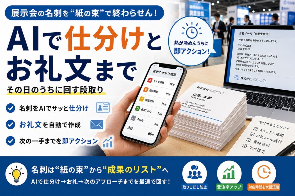 展示会の名刺を“紙の束”で終わらせん：AIで仕分けとお礼文まで
