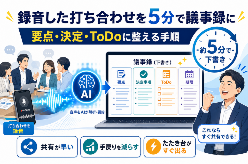 録音した打ち合わせを5分で議事録に。要点・決定・ToDoに整える手順