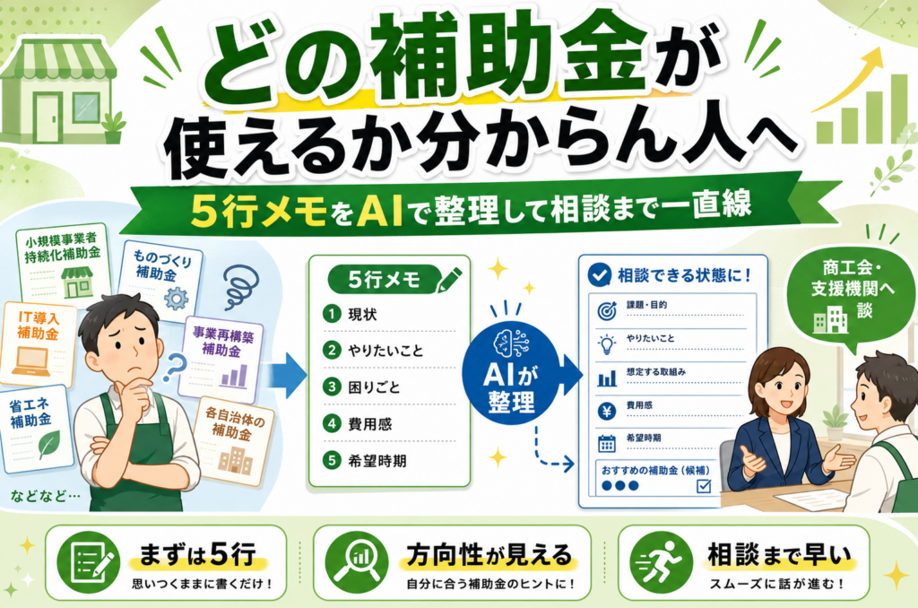 どの補助金が使えるか分からん人へ。5行メモをAIで整理して相談まで一直線