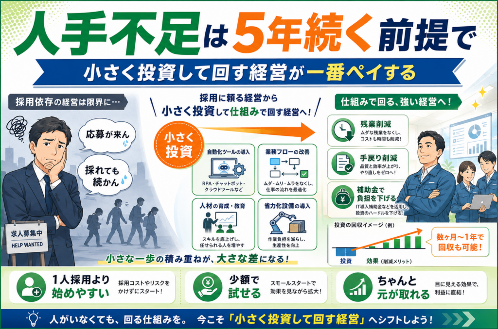 人手不足は5年続く前提で。小さく投資して回す経営が一番ペイする