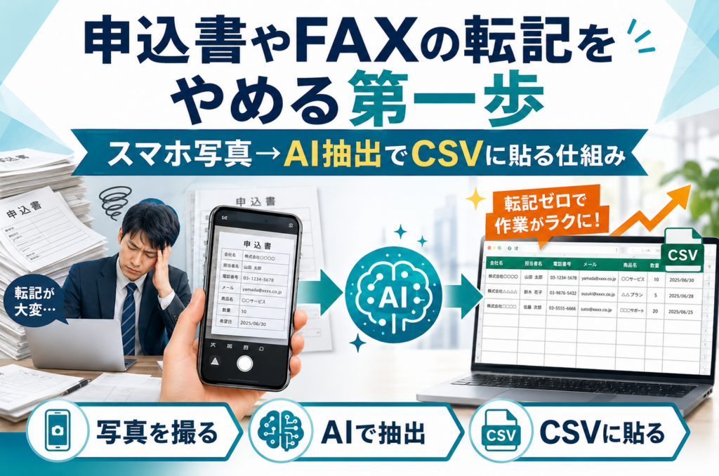 申込書やFAXの転記をやめる第一歩。スマホ写真→AI抽出でCSVに貼る仕組み