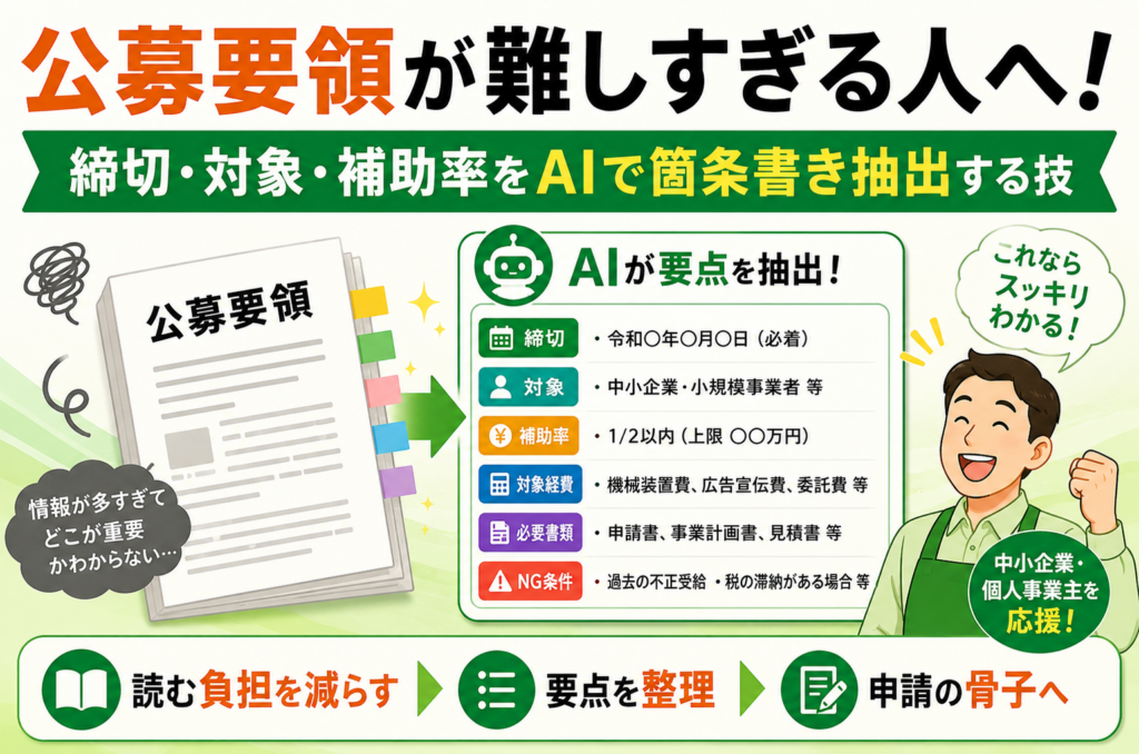 公募要領が難しすぎる人へ！締切・対象・補助率をAIで箇条書き抽出する技