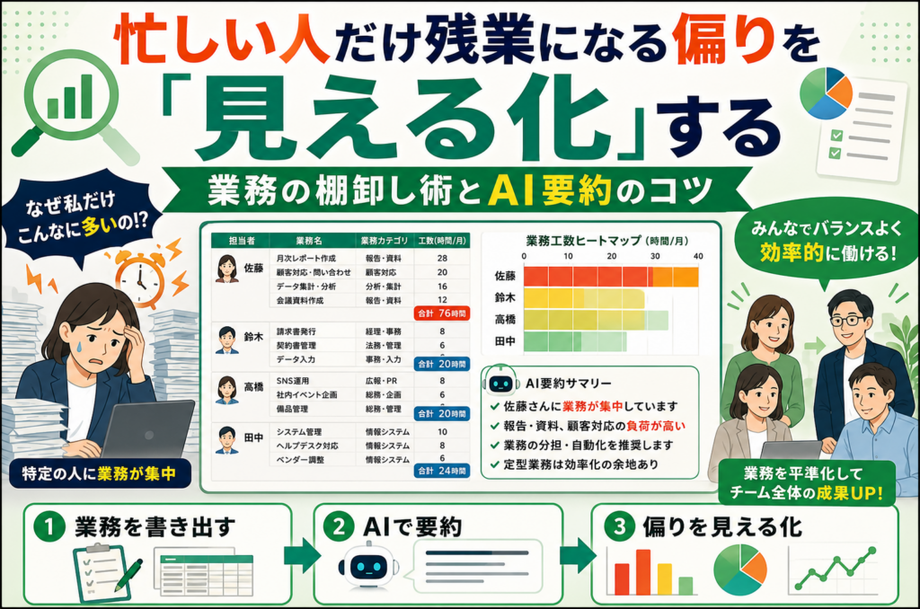 忙しい人だけ残業になる偏りを“見える化”する業務の棚卸し術とAI要約のコツ