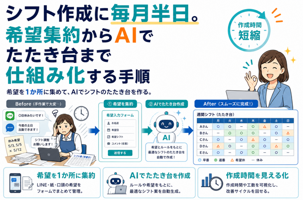 シフト作成に毎月半日。希望集約からAIでたたき台まで仕組み化する手順