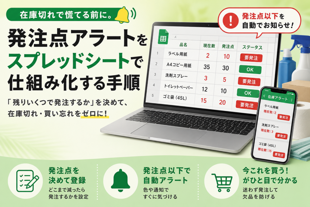 在庫切れで慌てる前に。発注点アラートをスプレッドシートで仕組み化する手順