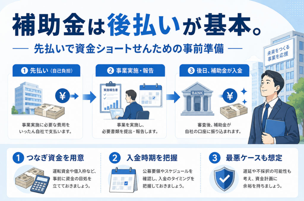 補助金は後払いが基本。先払いで資金ショートせんための事前準備