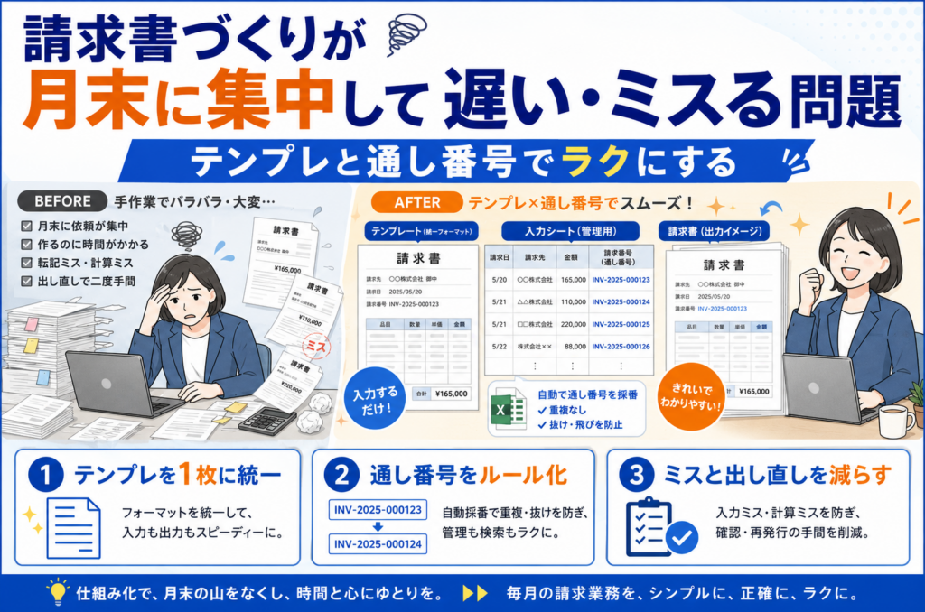 請求書づくりが月末に集中して遅い・ミスる問題、テンプレと通し番号でラクにする