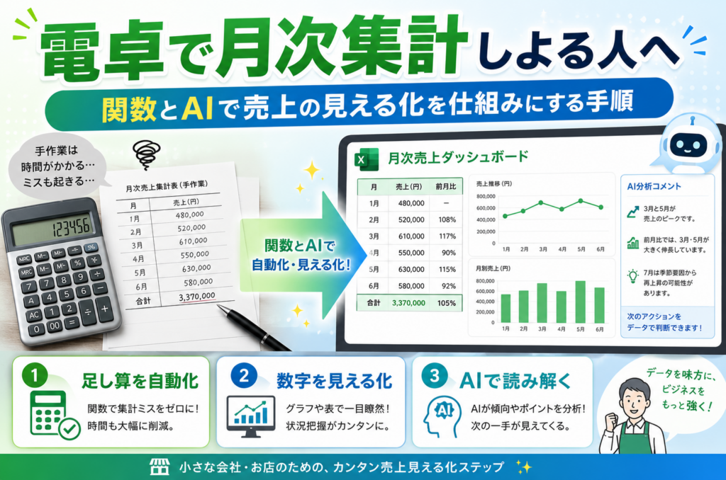電卓で月次集計しよる人へ。関数とAIで売上の見える化を仕組みにする手順