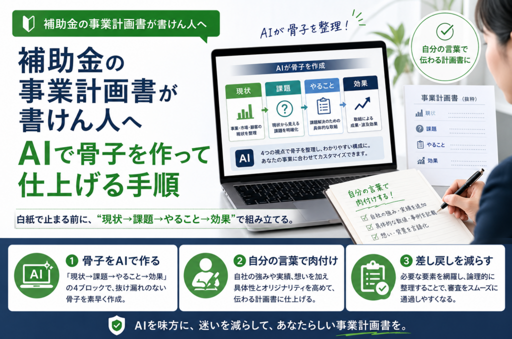 補助金の事業計画書が書けん人へ、AIで骨子を作って自分の言葉で仕上げる手順