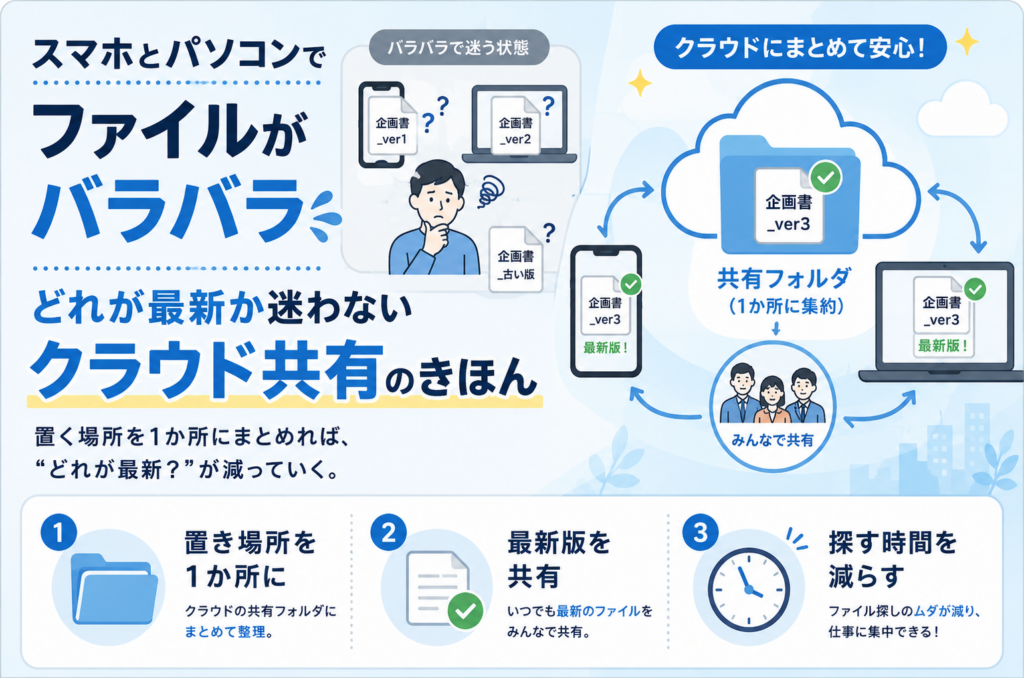 スマホとパソコンでファイルがバラバラ。どれが最新か迷わないクラウド共有のきほん