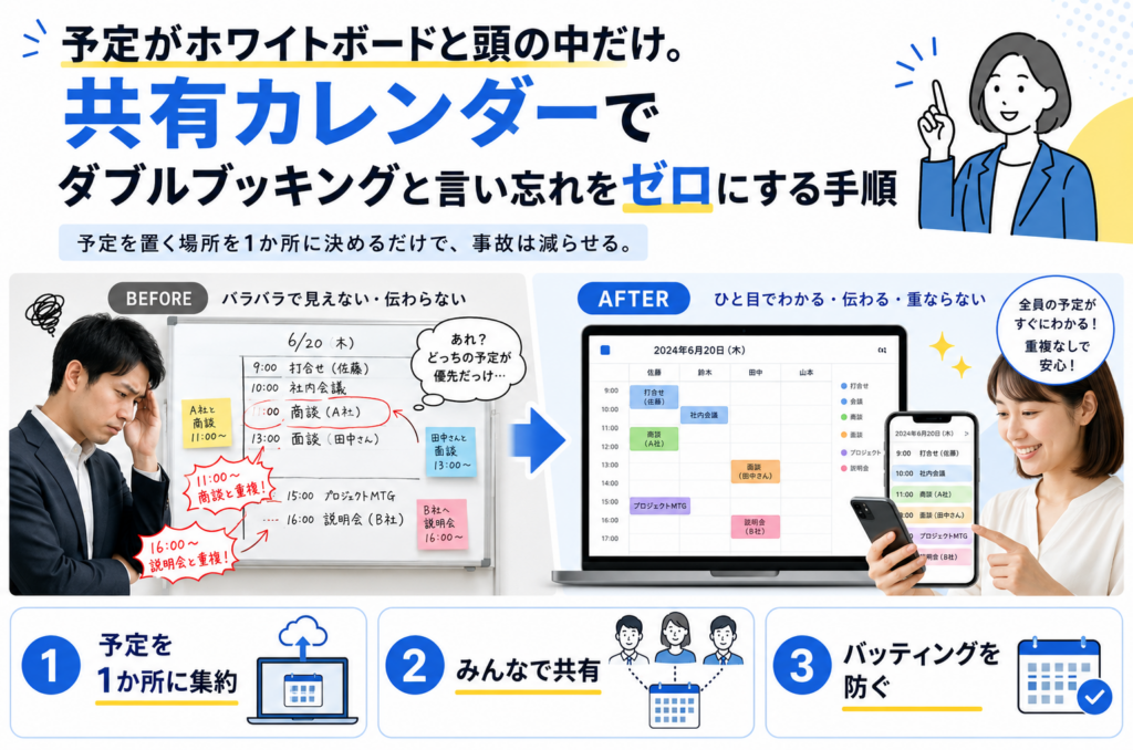 予定がホワイトボードと頭の中だけ。共有カレンダーでダブルブッキングと言い忘れをゼロにする手順