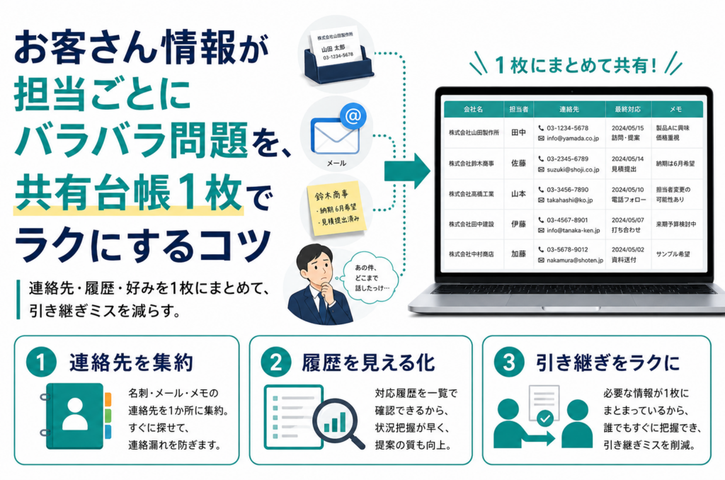 お客さん情報が担当ごとにバラバラ問題を、共有台帳1枚でラクにするコツ