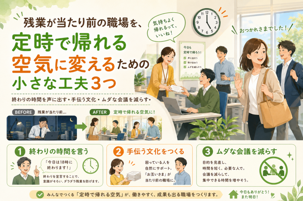 残業が当たり前の職場を、定時で帰れる空気に変えるための小さな工夫3つ