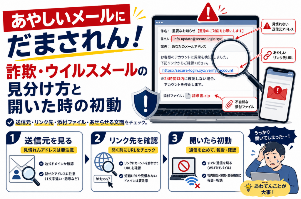 あやしいメールにだまされん！詐欺・ウイルスメールの見分け方と開いた時の初動