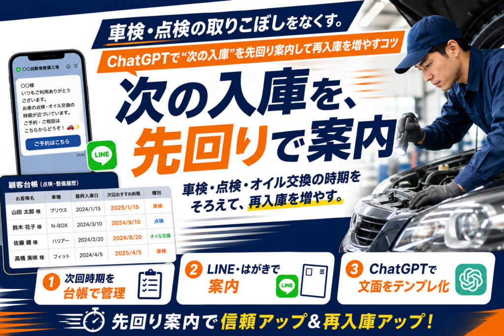 車検・点検の取りこぼしをなくす。ChatGPTで“次の入庫”を先回り案内して再入庫を増やすコツ
