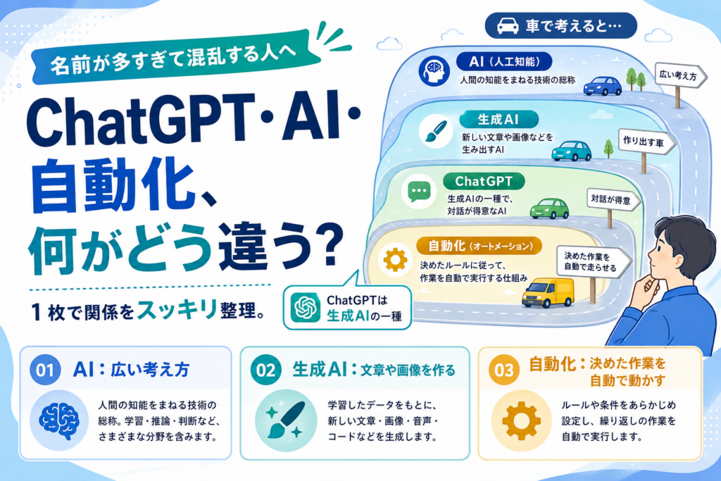 ChatGPT・AI・自動化、何がどう違う？名前が多すぎて混乱する人へ1枚で整理