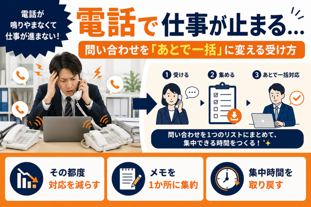 電話が鳴りやまなくて仕事が進まない。問い合わせを「あとで一括」に変える受け方